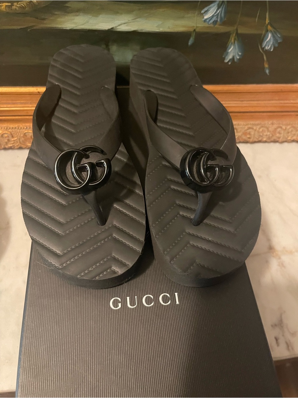 Gucci Black  double GG Rubber Logo platform sandals summer pool party diva
